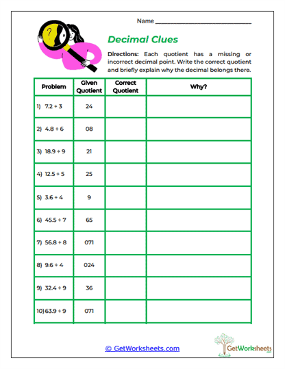 Decimal Clues Worksheet