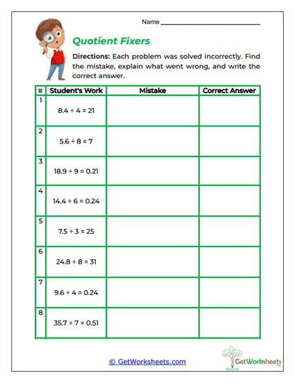 Quotient Fixers Worksheet