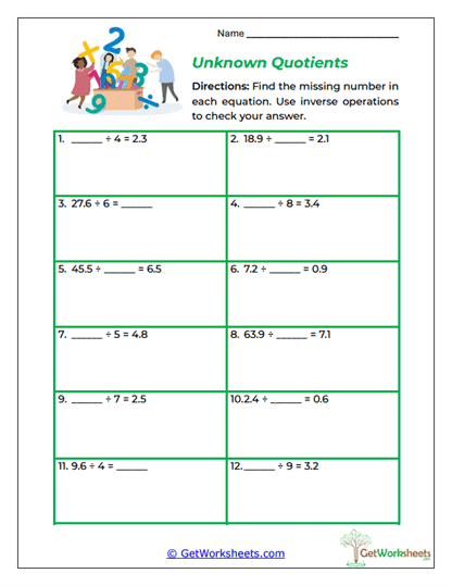 Unknown Quotients Worksheet