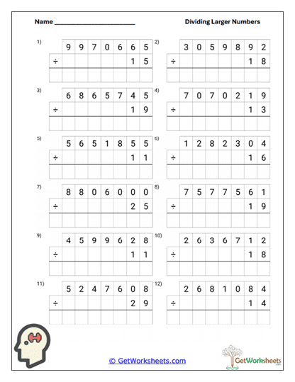 Dividing Larger Numbers Worksheets