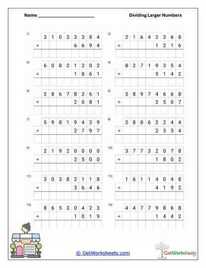 Large Dividend Grid Practice Worksheet
