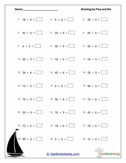 Horizontal Division Facts Worksheet
