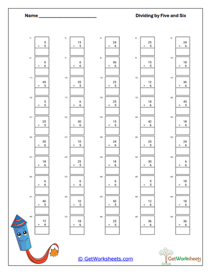 Boxed Division Facts Worksheet