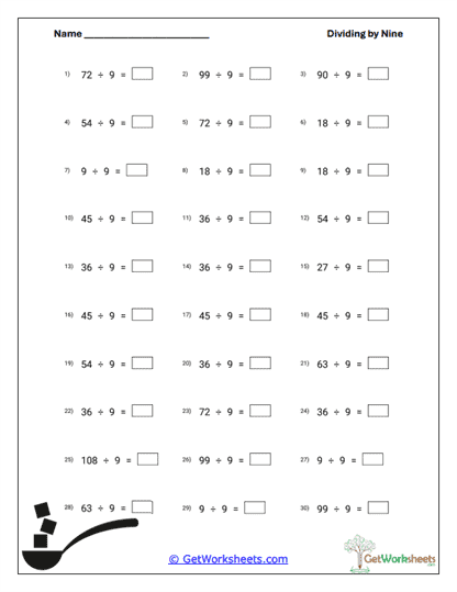 Dividing by Nine Worksheets
