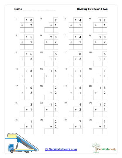 Boxed Div Fact Practice Worksheet