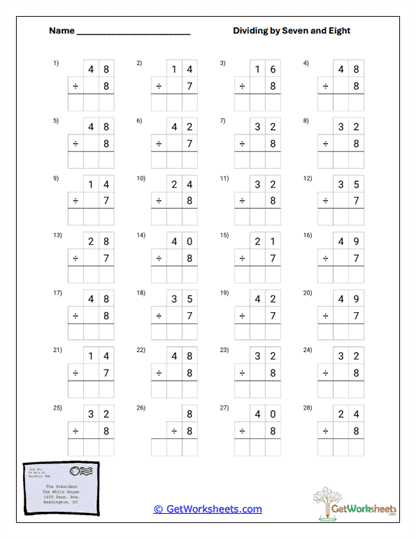 Boxed Div Facts Worksheet