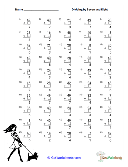 Vertical Division Facts Worksheet