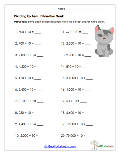 Tens Division Fill-In Worksheet