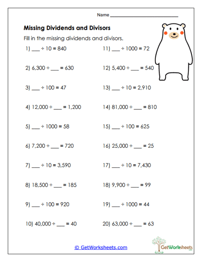 Missing Dividends and Divisors Worksheet