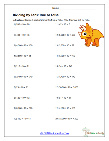 Tens True or False Worksheet
