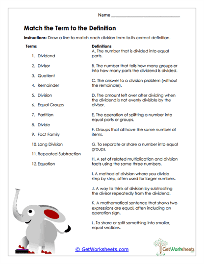 Divided Term Matching Worksheet