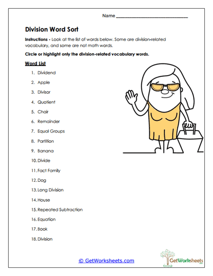 Quotient Word Sort Worksheet