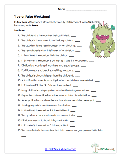Operational True or False Worksheet