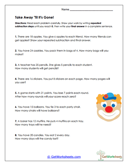 Take Away Word Problems Worksheet