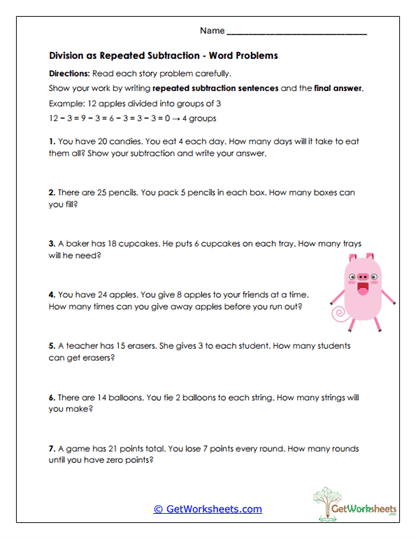 Subtraction Word Problems Worksheet