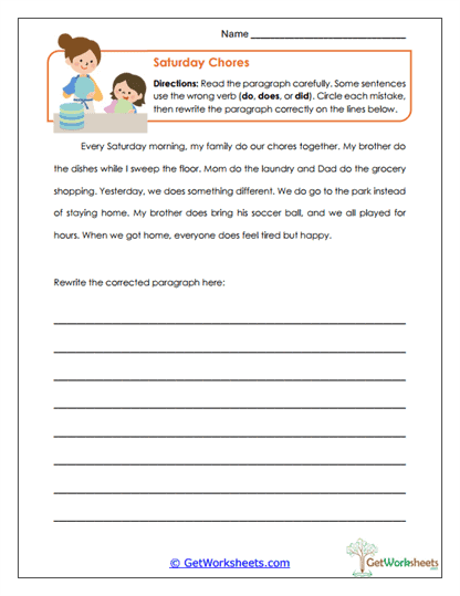 Saturday Chores Grammar Repair Worksheet