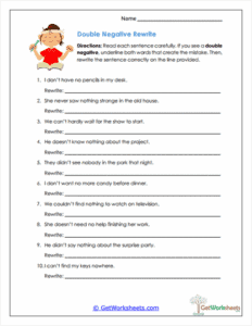 Double Negative Rewrite Worksheet - Clear Sentence Editing