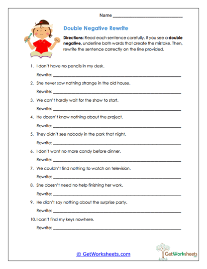 Double Negative Rewrite Worksheet