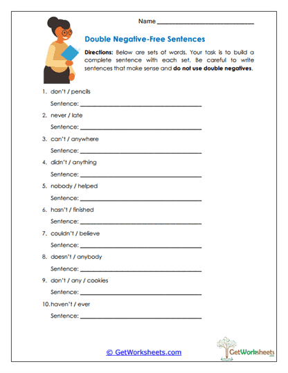 Double Negative-Free Sentences Worksheet