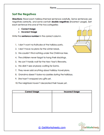 Sort the Negatives Worksheet