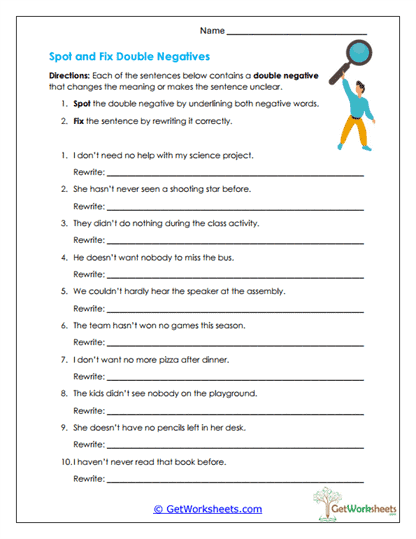 Spot and Fix Double Negatives Worksheet
