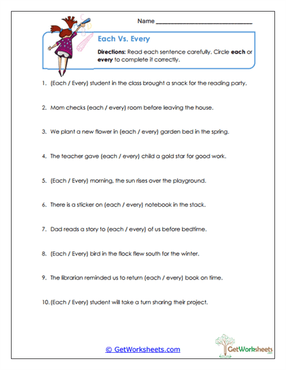 Each vs. Every Sentences Worksheet
