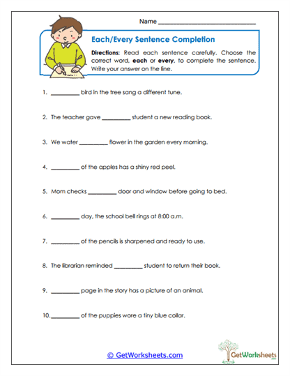 Each/Every Sentence Completion Worksheet