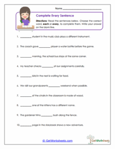 Every Sentence Worksheet - Each vs. Every Practice