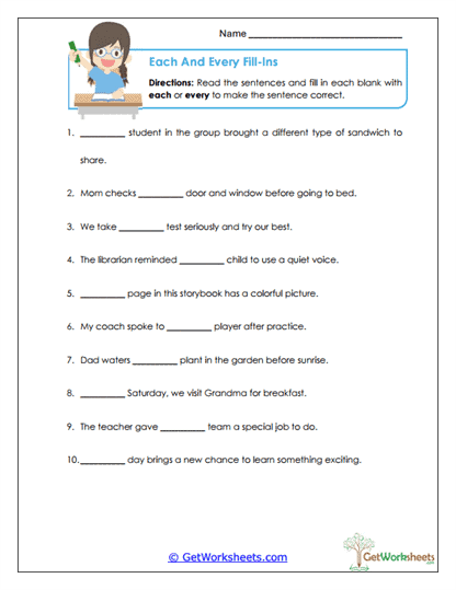 Each and Every Fill-Ins Worksheet