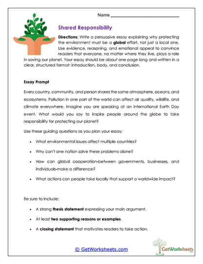 Global Environmental Essay Worksheet