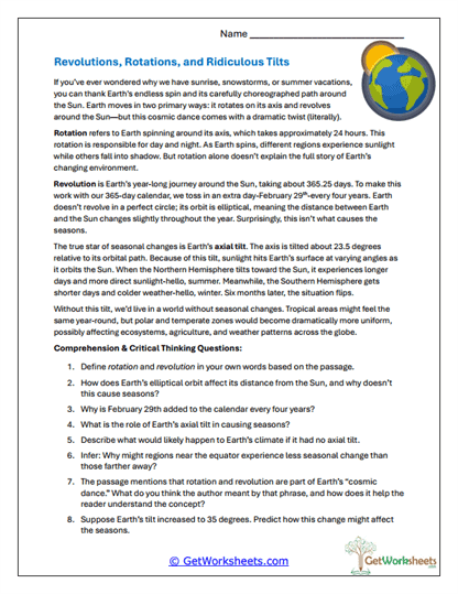 Revolutions, Rotations, and Tilts Worksheet