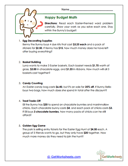 Hoppy Budget Math Worksheet