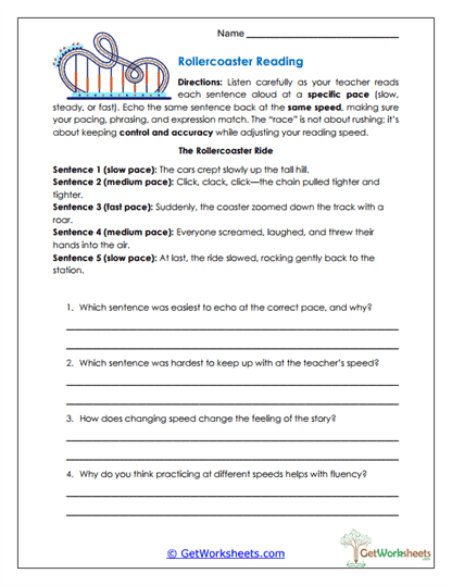 Rollercoaster Reading Worksheet