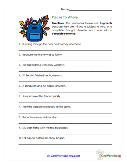 Pieces to Whole Worksheet