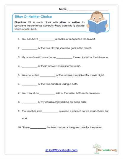 Either or Neither Choice Worksheet