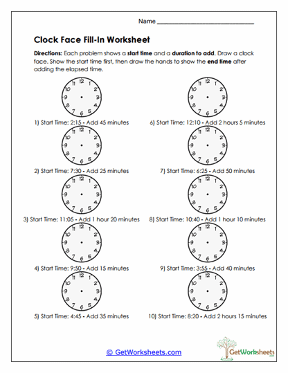 Clock Face Addition Worksheet