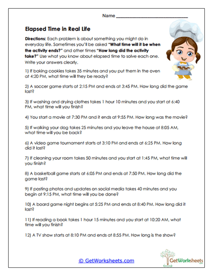 Real-Life Elapsed Time Worksheet