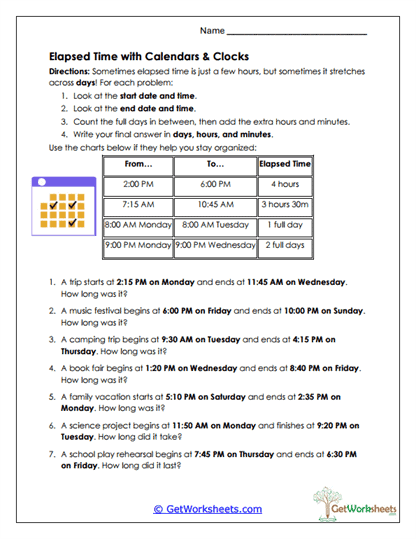 Elapsed Time with Calendars Worksheet