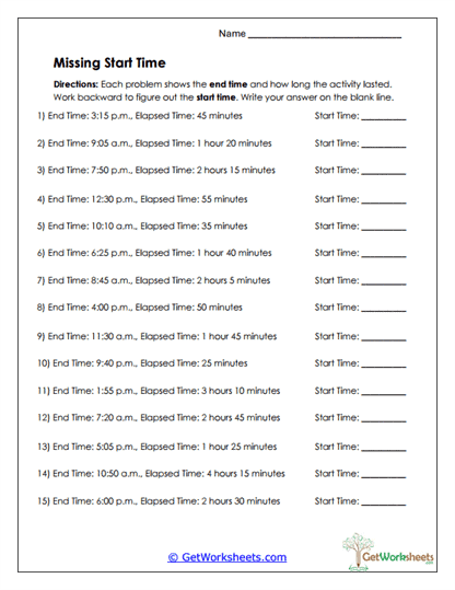 Missing Start Time Worksheet