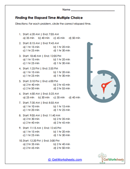Elapsed Time Choices Worksheet