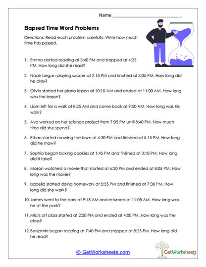 Elapsed Time Word Problems Worksheet