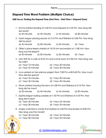 Elapsed Time Word Choice Worksheet