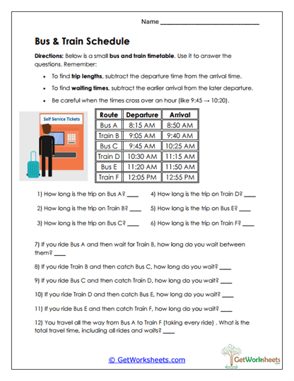 Bus and Train Timetable Worksheet