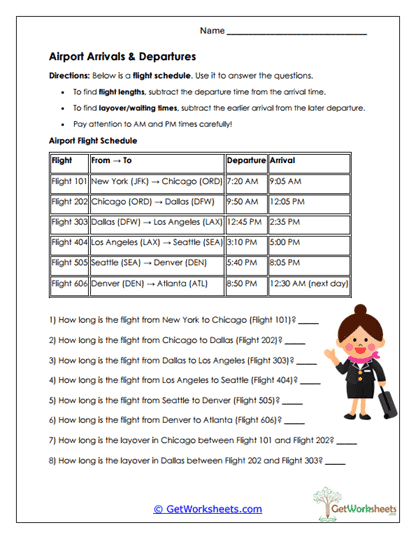 Airport Flight Schedule Worksheet