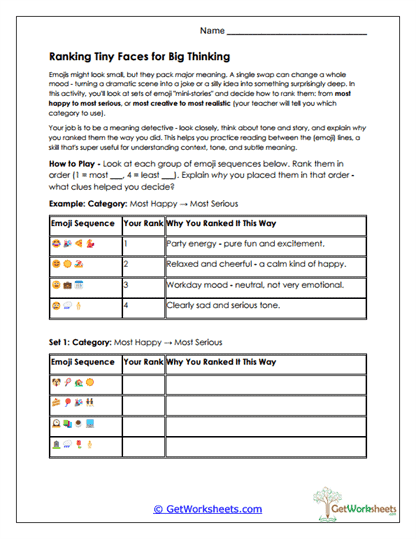 Emoji Ranking Reflection Worksheet