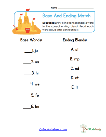 Base and Ending Match Worksheet