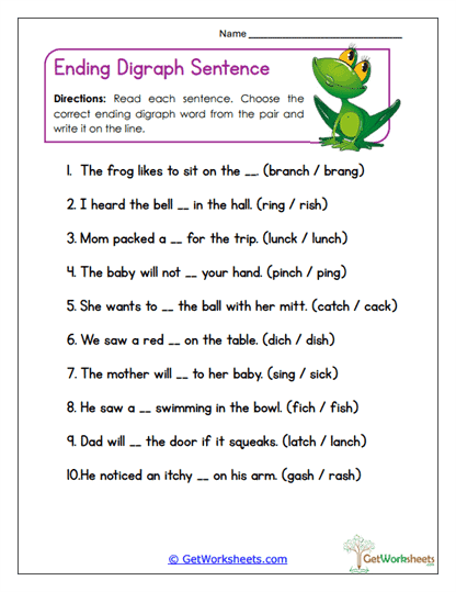 Ending Digraph Worksheets
