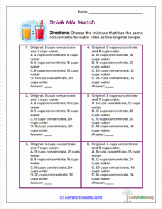 Drink Mix Match Worksheet - Comparing Mixtures with Equivalent Ratios