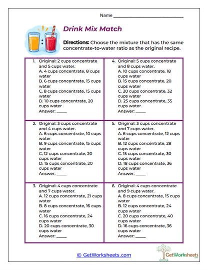 Drink Mix Match Worksheet - Comparing Mixtures with Equivalent Ratios