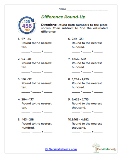 Estimating Differences (Subtraction) Worksheets